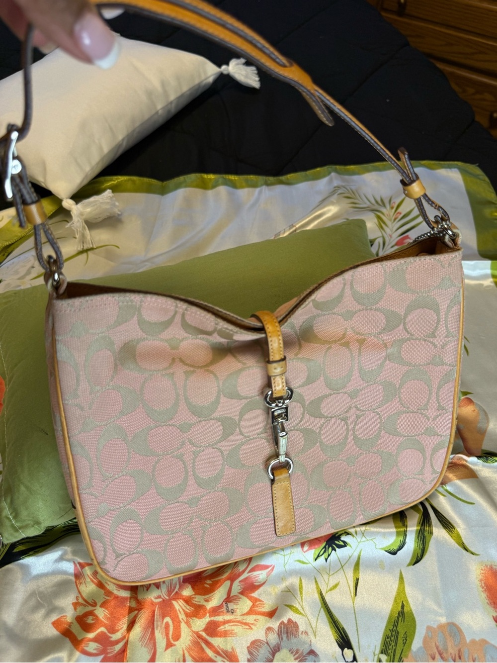 Coach Pink Signature Canvas Shoulder Bag with Tan Leather Trim
